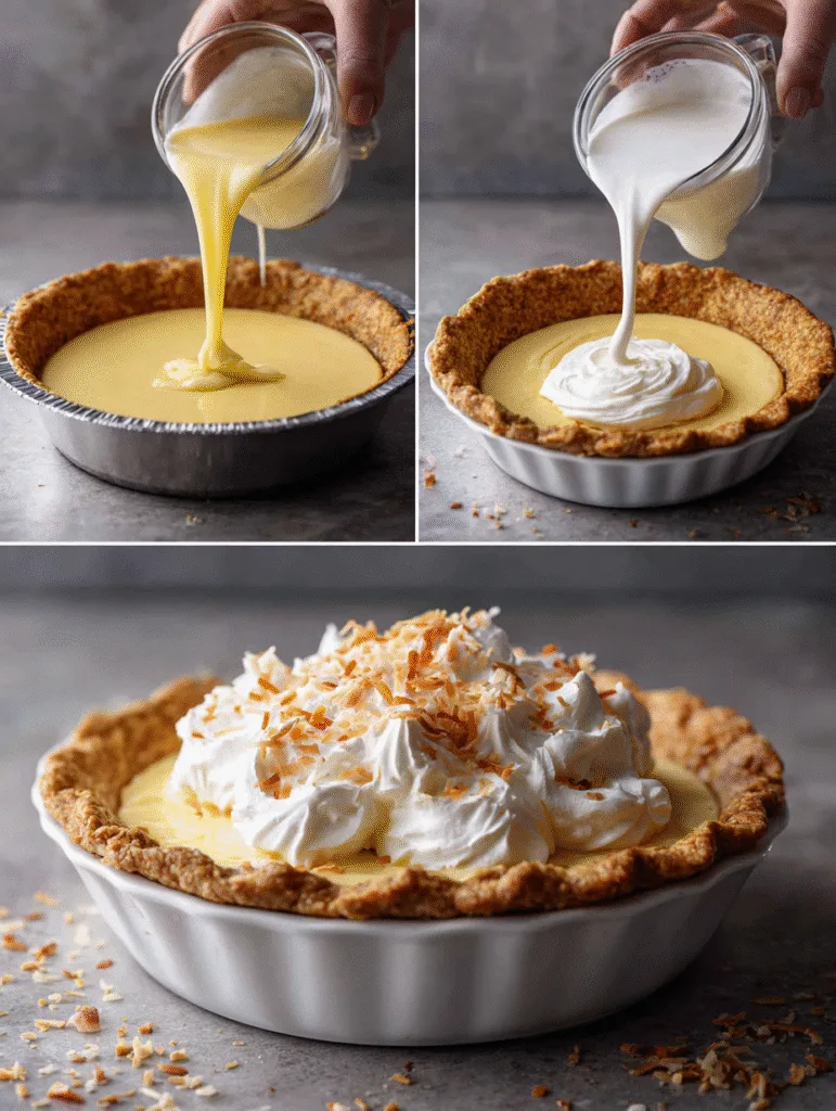 brahim a 4 step collage showing coconut cream pie process coo 58bb1603 be28 471a af60 5dd6af0f9af5 1