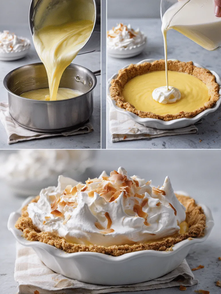 brahim a 4 step collage showing how to make coconut cream pie d680feb3 2922 40d5 b91e 0fc4565faa9d 1