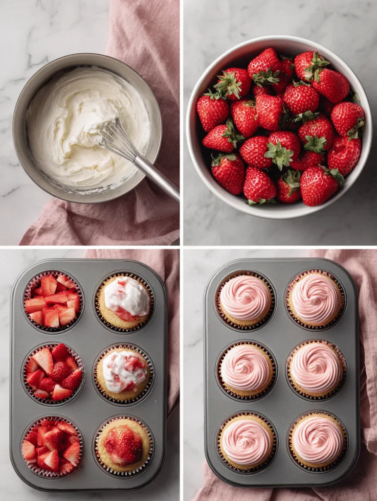 Strawberry Shortcake Cupcakes (Light, Fluffy & Perfectly Creamy Summer Dessert) 3 brahim a 4 step collage showing how to make strawberry shortc 997e3d23 b8ee 4779 9f86 dc50f54115cf 1