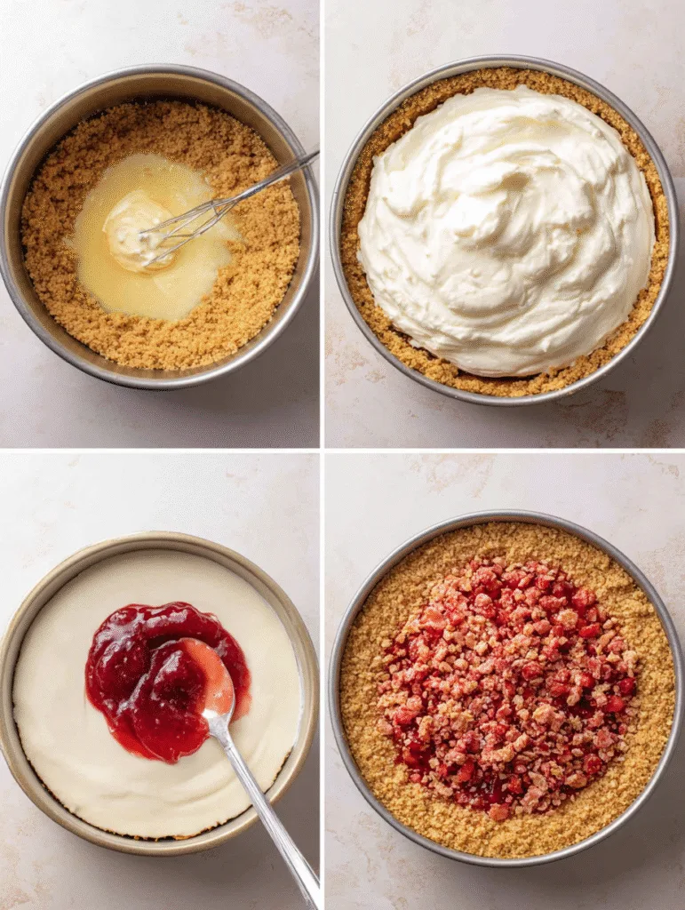 brahim a 4 step collage showing strawberry crunch cheesecake 72f50a2d bfc3 485c 97c5 baf169edf699 1