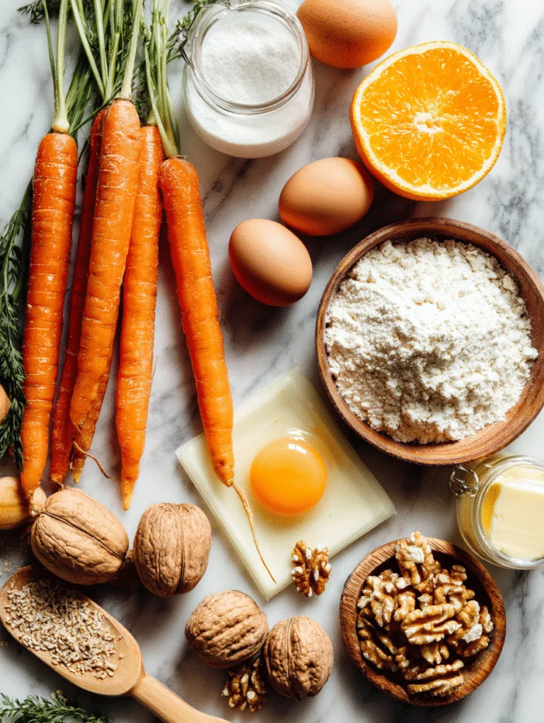 Moist Carrot Cake with Orange Cream Cheese Frosting (Bright Citrus Twist on a Classic Dessert) 2 brahim a flat lay of ingredients for carrot cake including fr 73d088e4 54ba 49b7 874f 16e0787367e9 2