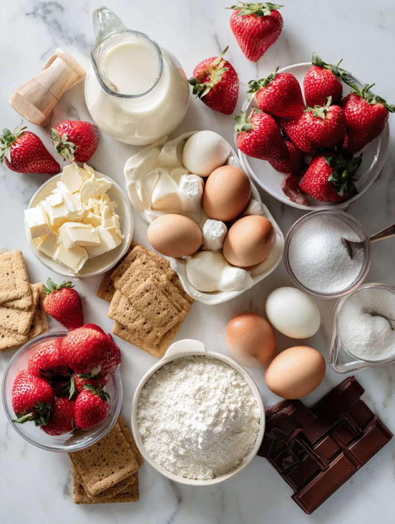 Heavenly Fusion: White Chocolate Strawberry Cheesecake (Ultra Creamy Bakery-Style Dessert) 2 brahim a flat lay of ingredients for white chocolate strawber 1370567e 9e17 4650 ba3a 1174ce4cb592 1