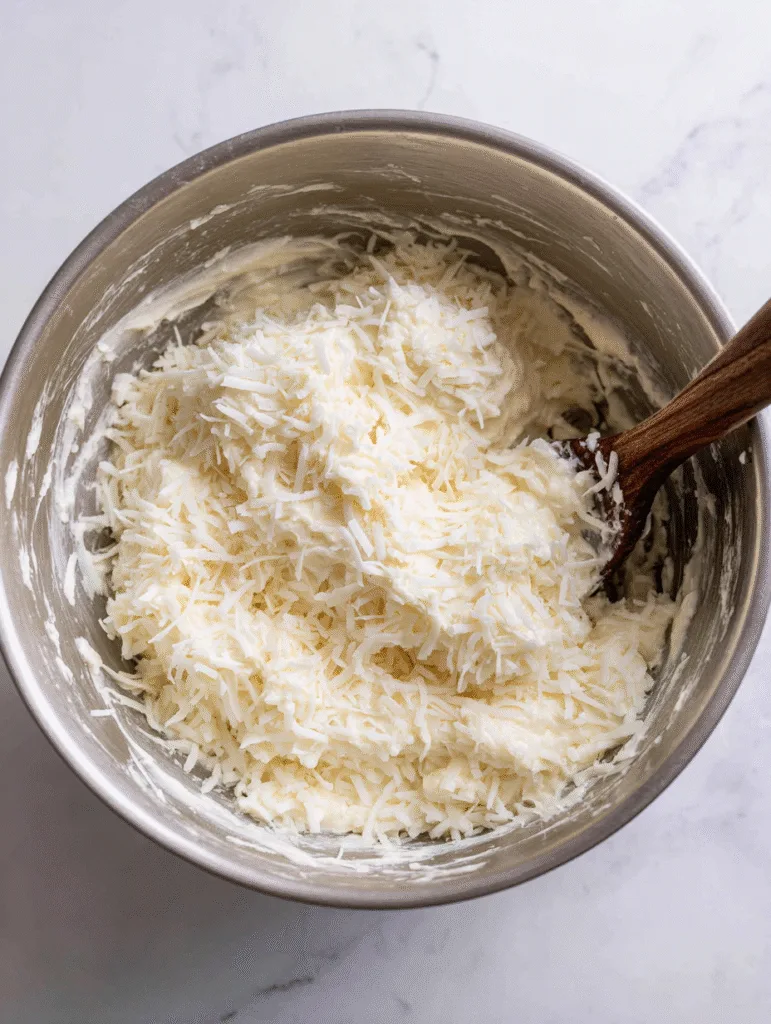 brahim a mixing coconut pudding filling in bowl with shredded f1723ee4 c107 4504 8cdb 31529e00cd8a 2