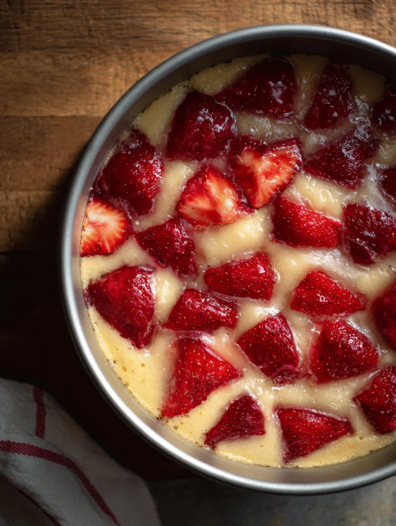 brahim a strawberry upside down cake baking in round cake pan 19a92146 b9d8 4f97 8637 0c211de864d7 3