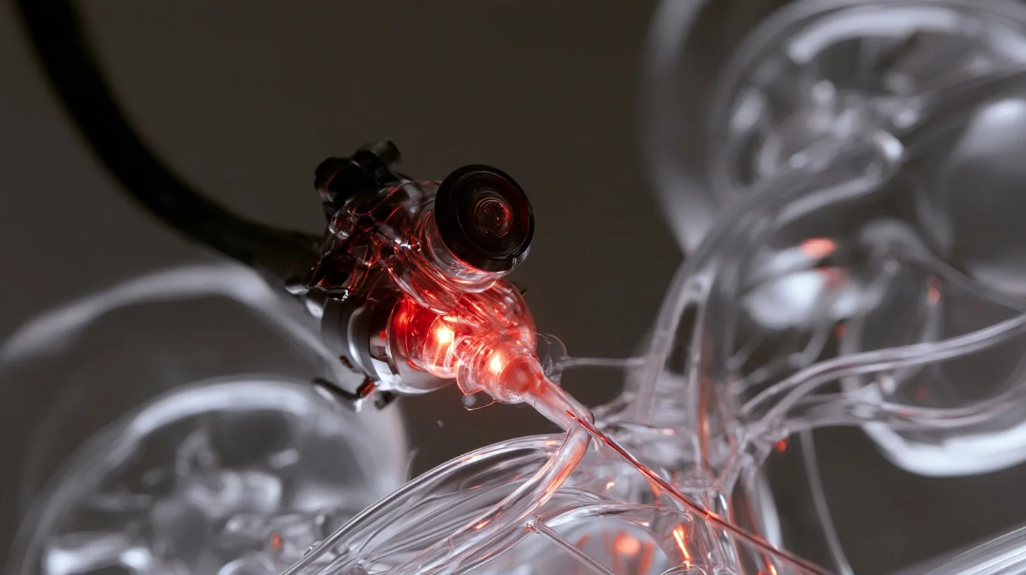 Treating Kidney Stones with a Tiny Camera: Ureteroscopy Explained 1 A close-up view of a flexible ureteroscope with a light and lens, showing it being inserted into a transparent anatomical model of the urinary tract, highlighting the ureter and kidney