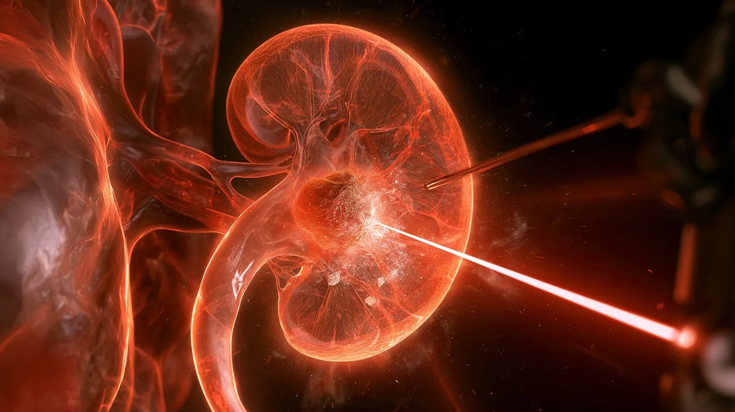 Treating Kidney Stones with a Tiny Camera: Ureteroscopy Explained 3 A medical illustration showing a kidney stone being targeted by a laser emitted from a ureteroscope, breaking the stone into smaller pieces within the kidney.