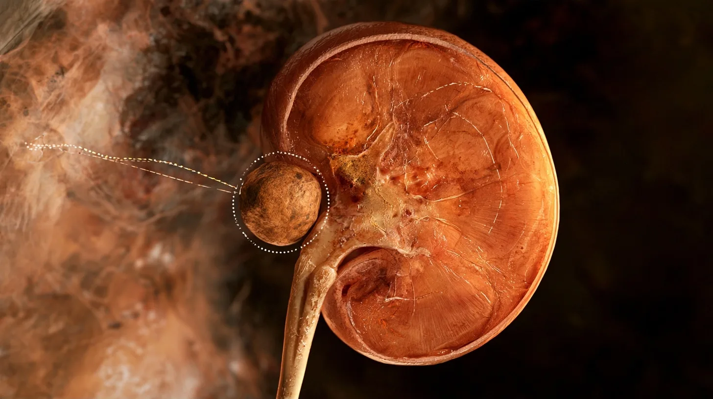 Treating Kidney Stones with a Tiny Camera: Ureteroscopy Explained 2 A medical illustration showing a kidney with a large stone, and a dotted line indicating the path of a ureteroscope from the urethra to the kidney to remove the stone.